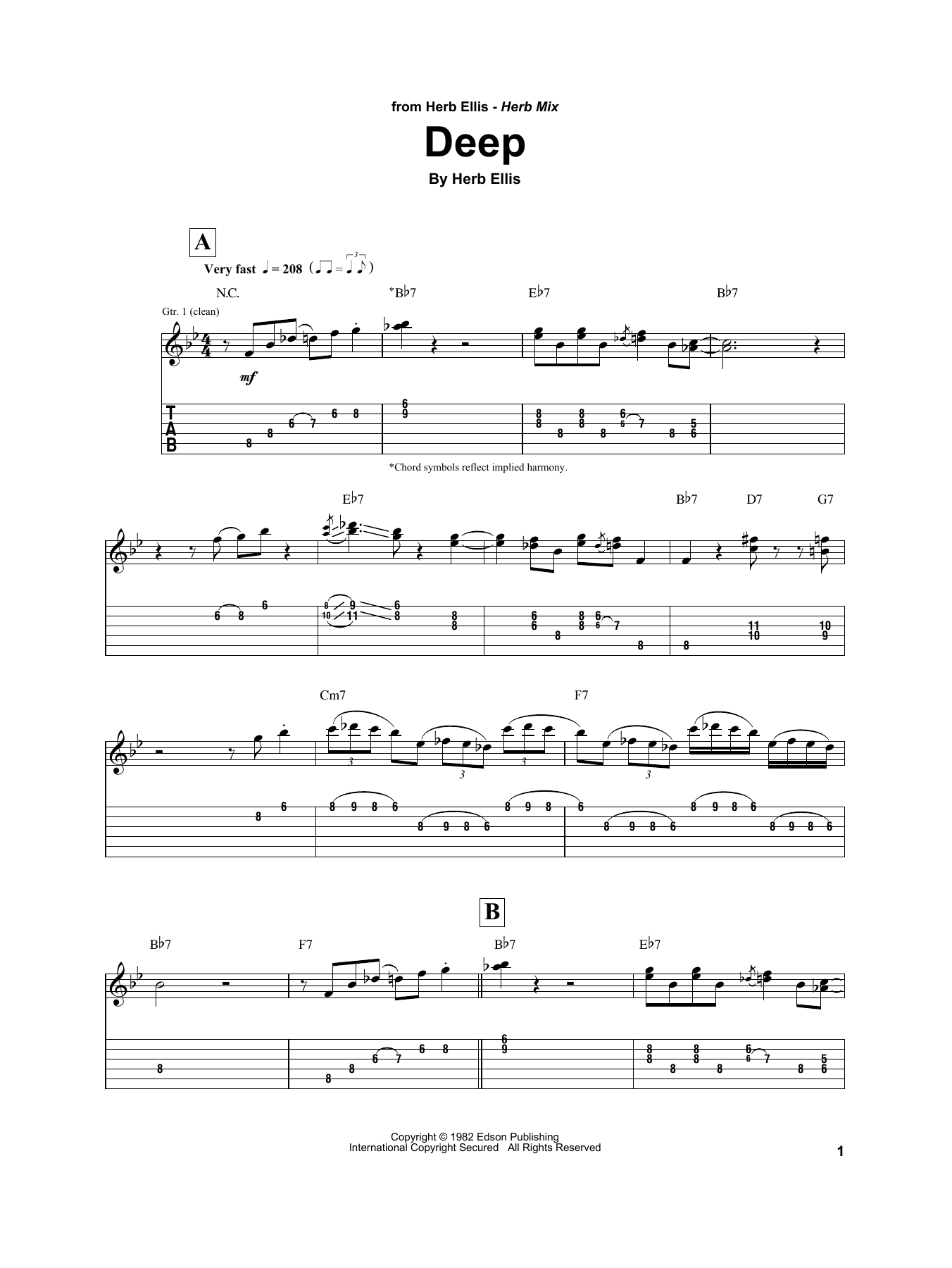 Herb Ellis Deep sheet music notes and chords arranged for Electric Guitar Transcription