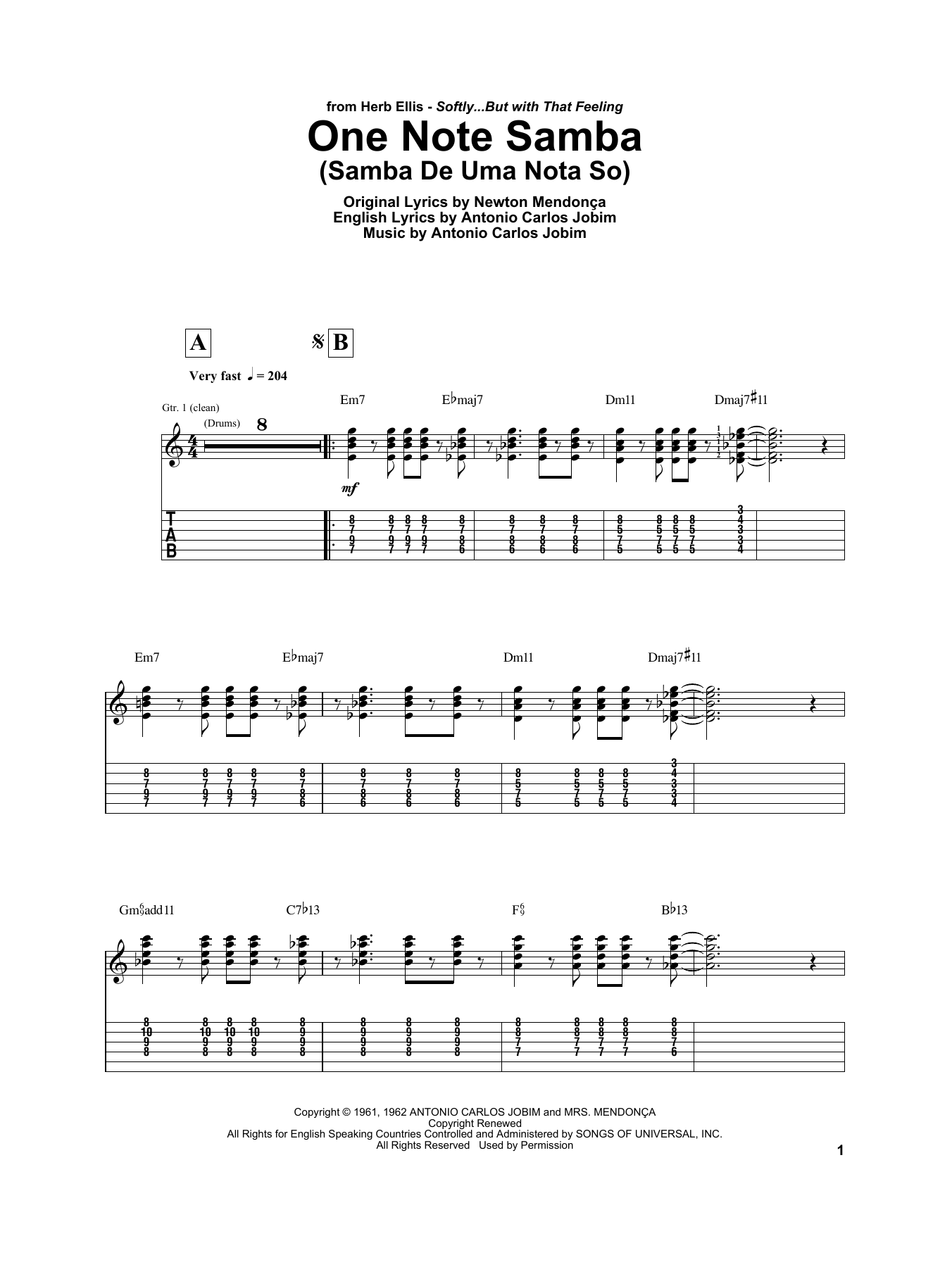 Herb Ellis One Note Samba (Samba De Uma Nota So) sheet music notes and chords arranged for Electric Guitar Transcription