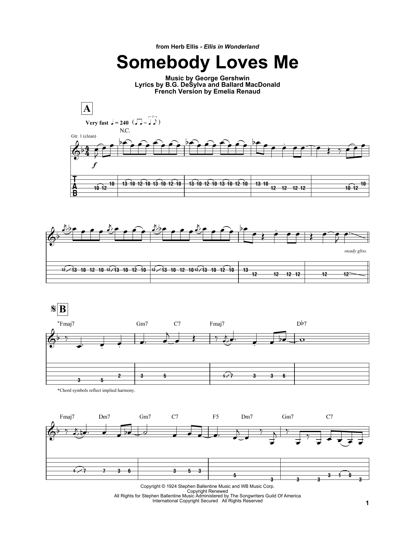 Herb Ellis Somebody Loves Me sheet music notes and chords arranged for Electric Guitar Transcription
