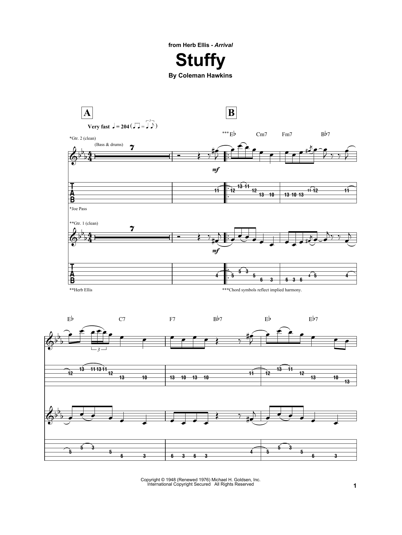 Herb Ellis Stuffy sheet music notes and chords arranged for Electric Guitar Transcription
