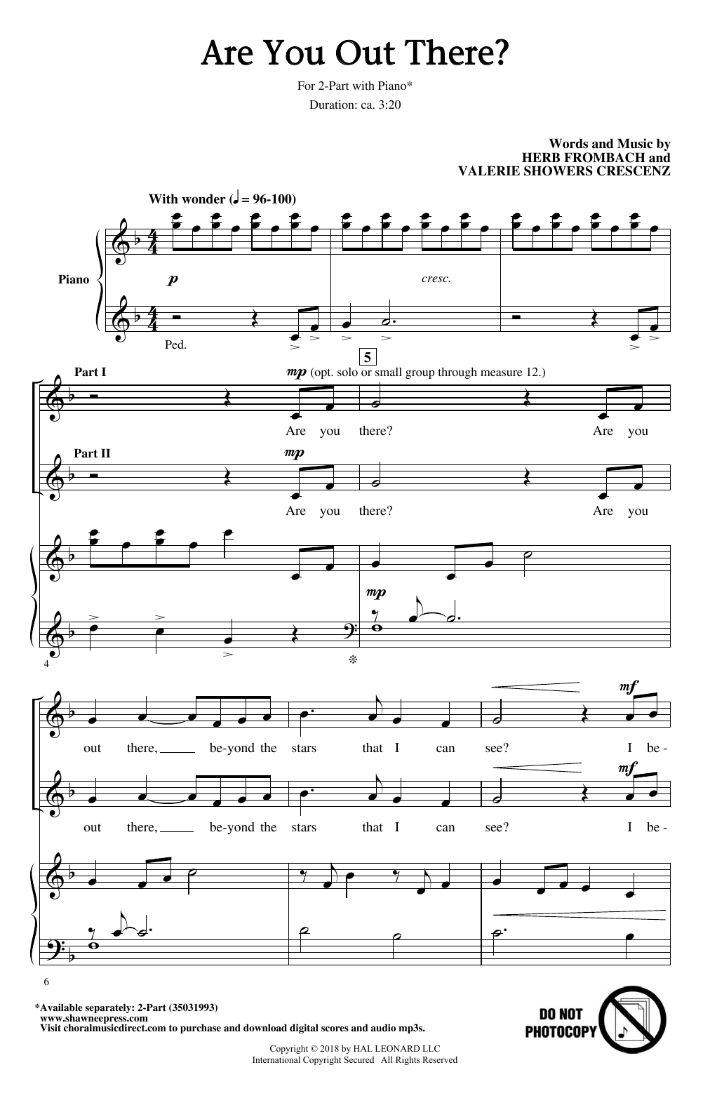 Herb Frombach Are You Out There? sheet music notes and chords arranged for 2-Part Choir
