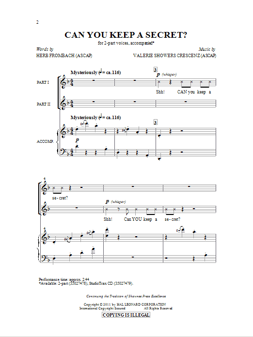 Herb Frombach Can You Keep A Secret? sheet music notes and chords arranged for 2-Part Choir