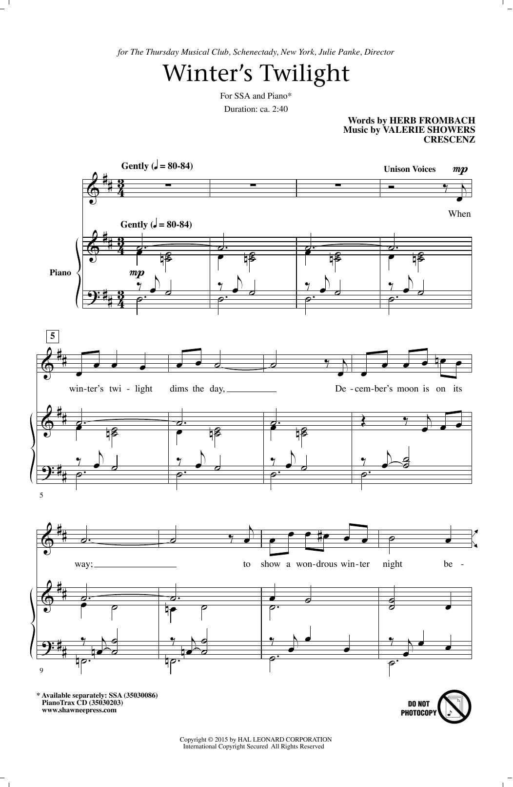 Herb Frombach Winter's Twilight sheet music notes and chords arranged for SSA Choir