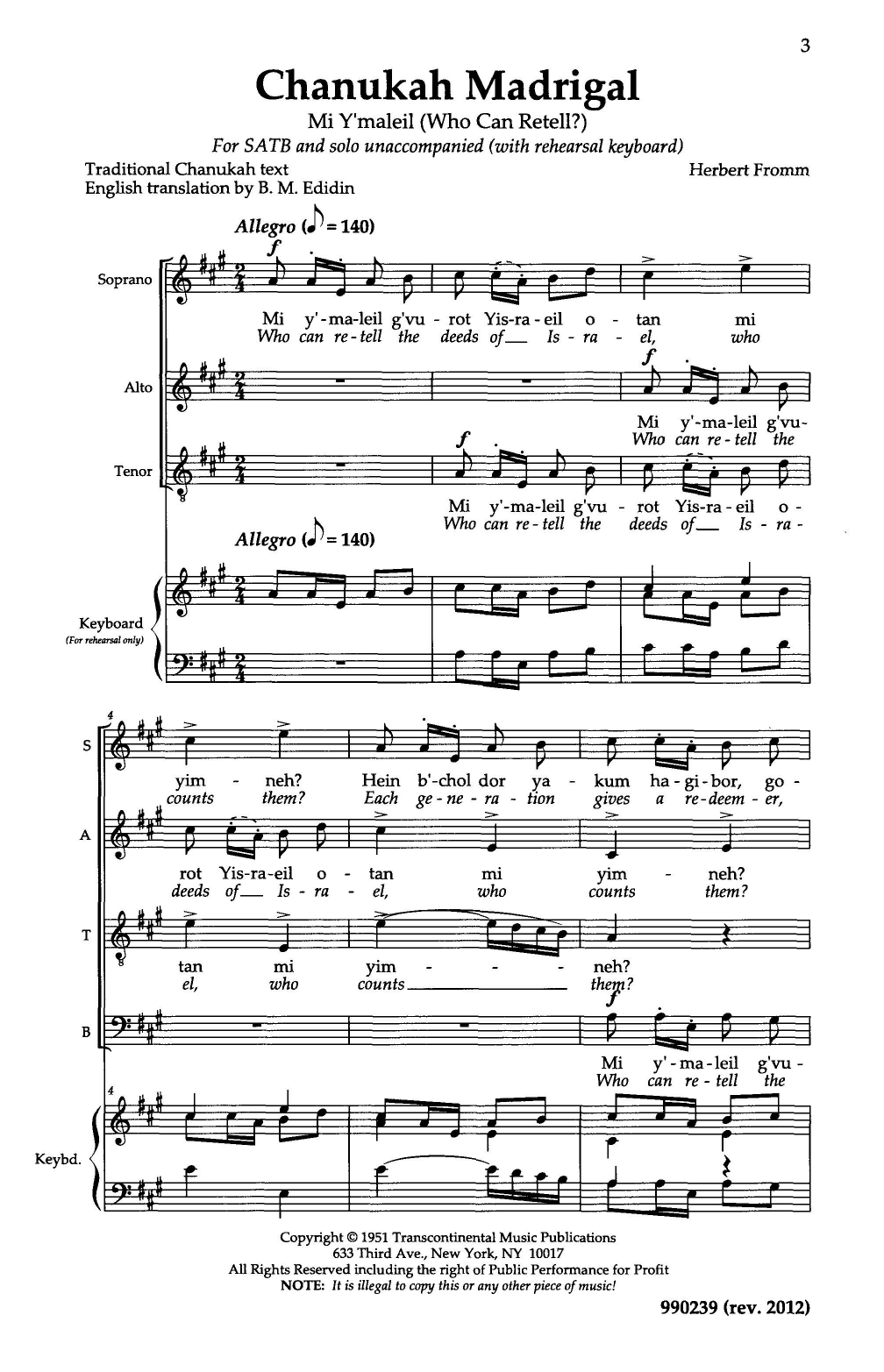 Herbert Fromm Hanukkah Madrigal (Mi Y'mallel) sheet music notes and chords arranged for SATB Choir