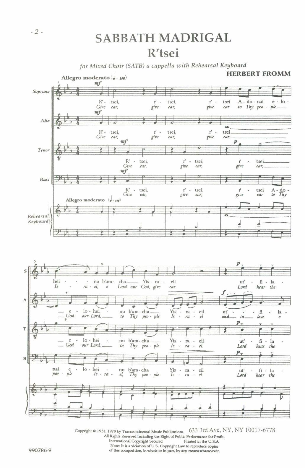 Herbert Fromm Sabbath Madrigal (R'tsei) sheet music notes and chords arranged for SATB Choir