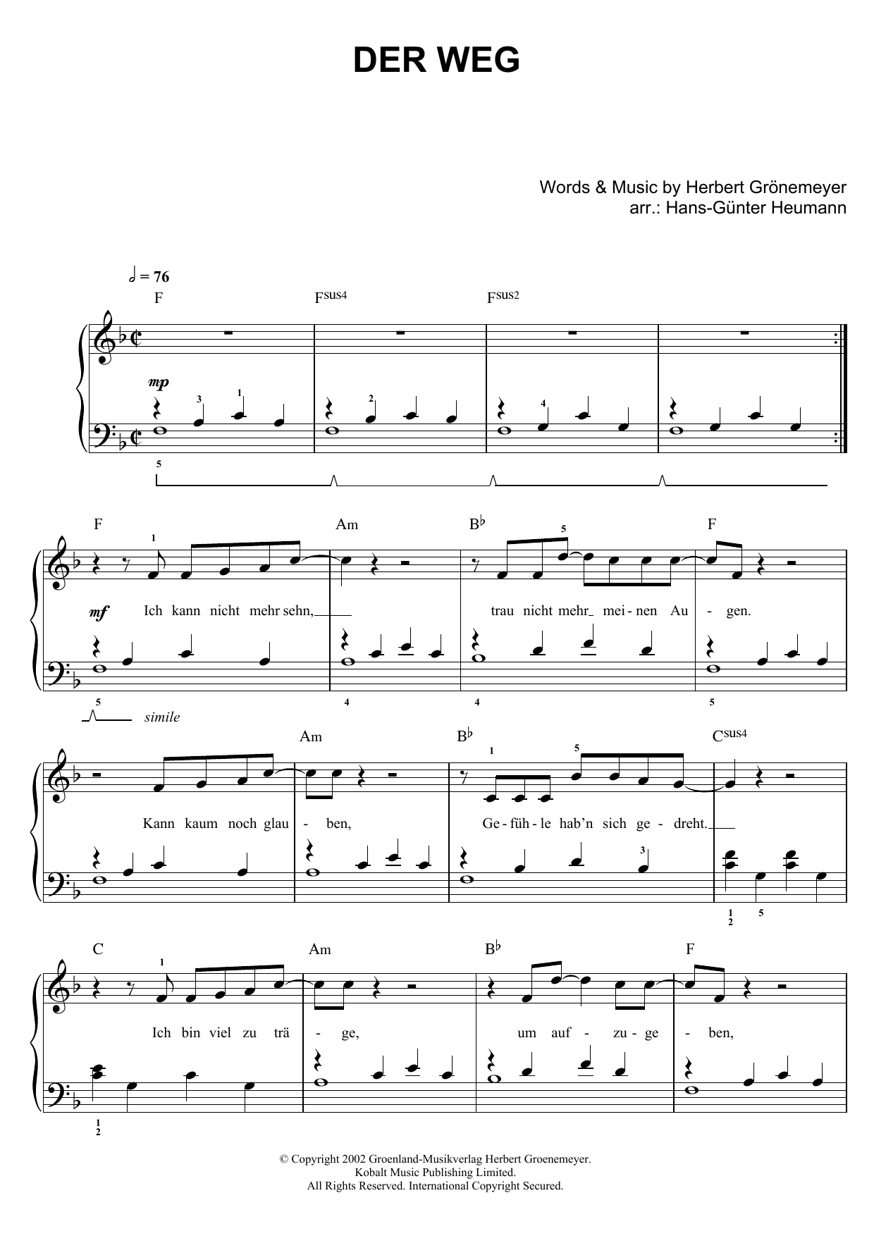 Herbert Groenemeyer Der Weg sheet music notes and chords arranged for Easy Piano