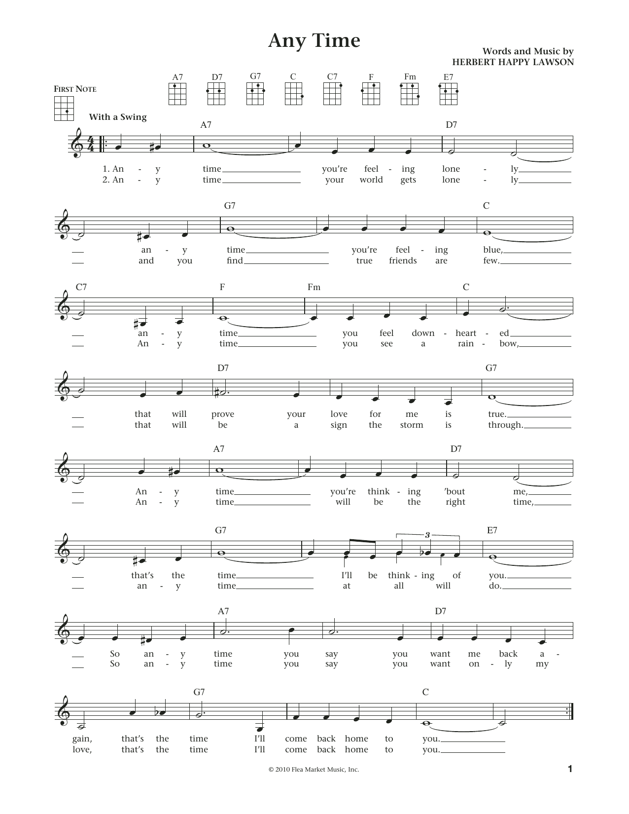 Herbert Happy Lawson Any Time (from The Daily Ukulele) (arr. Liz and Jim Beloff) sheet music notes and chords arranged for Ukulele