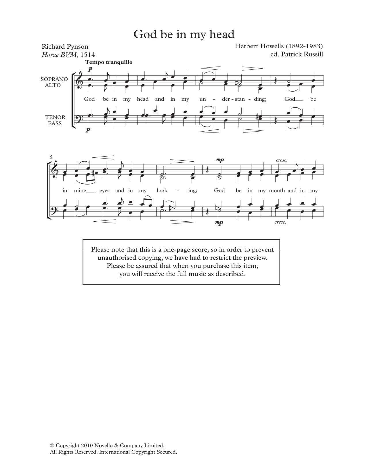 Herbert Howells God Be In My Head sheet music notes and chords arranged for Choir