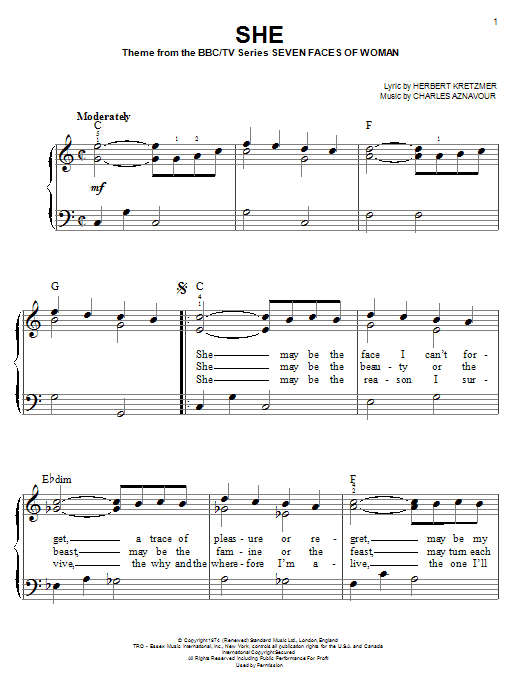 Herbert Kretzmer She sheet music notes and chords arranged for Piano, Vocal & Guitar Chords (Right-Hand Melody)