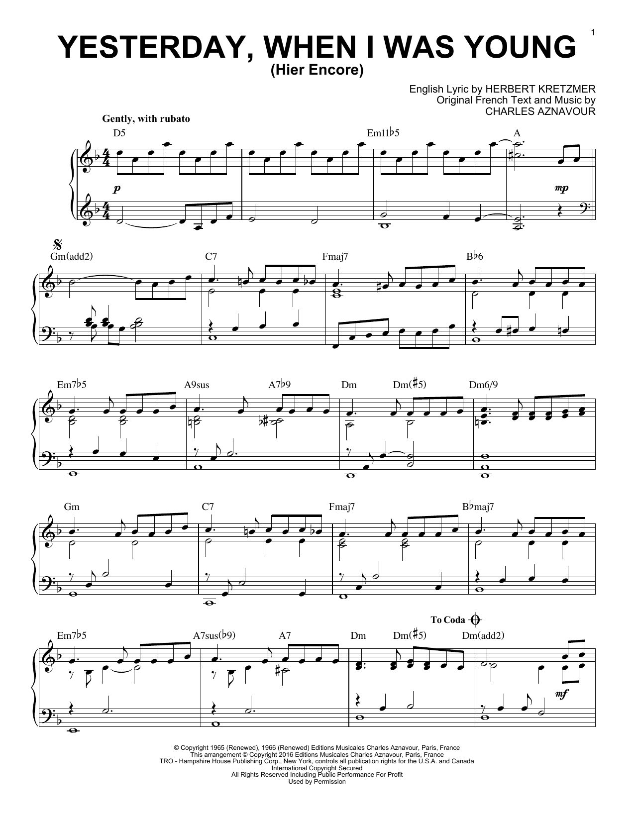 Herbert Kretzmer Yesterday, When I Was Young (Hier Encore) [Jazz version] (arr. Brent Edstrom) sheet music notes and chords arranged for Piano Solo