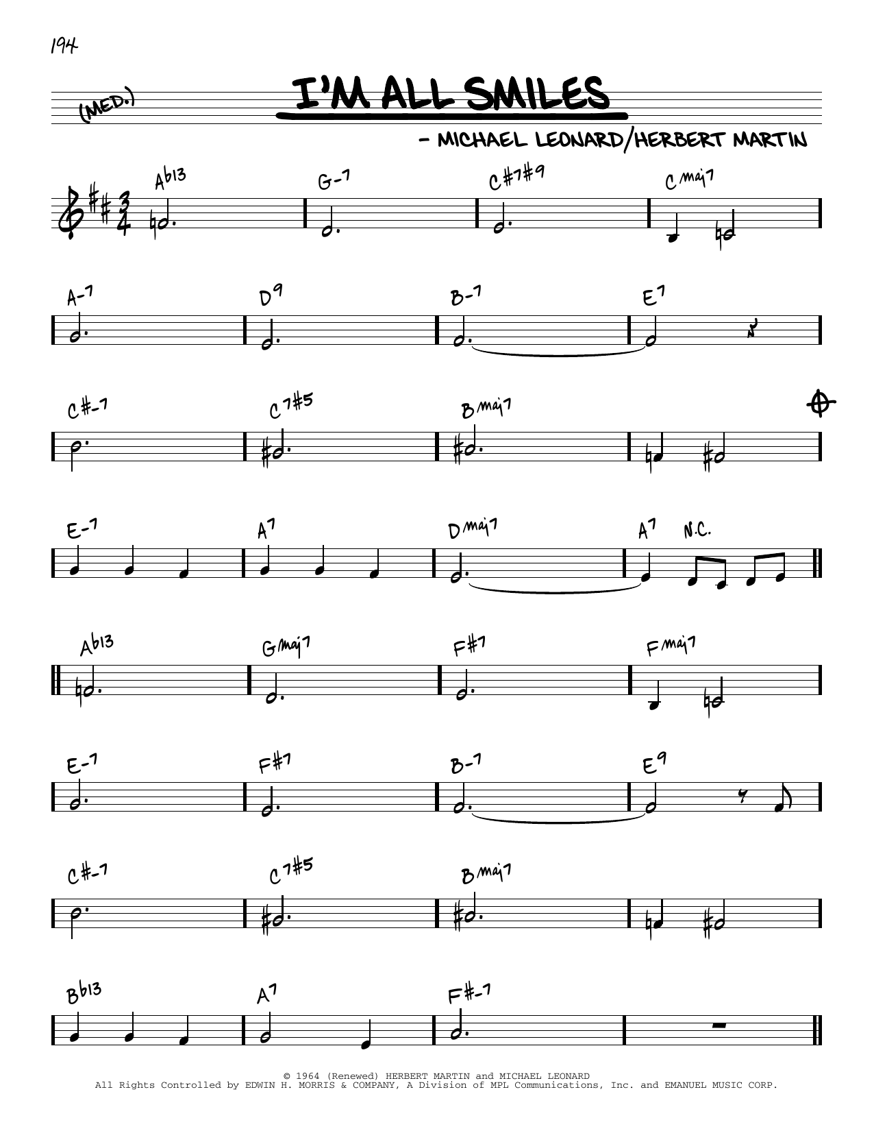 Herbert Martin and Michael Leonard I'm All Smiles [Reharmonized version] (from The Yearling) (arr. Jack Grassel) sheet music notes and chords arranged for Real Book – Melody & Chords