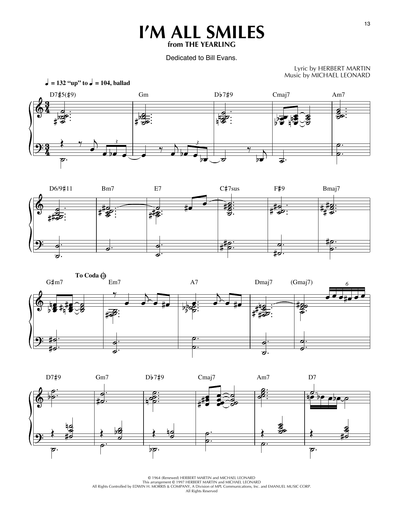 Herbert Martin I'm All Smiles (from The Yearling) (arr. Thomas Coppola) sheet music notes and chords arranged for Piano Solo