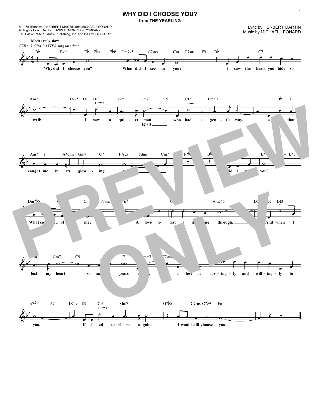 Herbert Martin Why Did I Choose You? (from The Yearling) sheet music notes and chords arranged for Lead Sheet / Fake Book