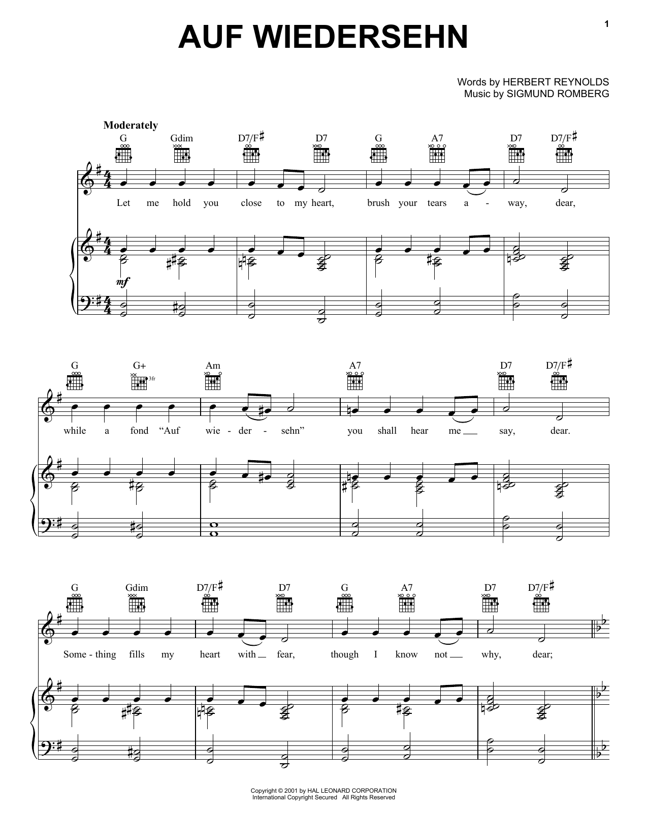 Herbert Reynolds Auf Wiedersehn sheet music notes and chords arranged for Piano, Vocal & Guitar Chords (Right-Hand Melody)