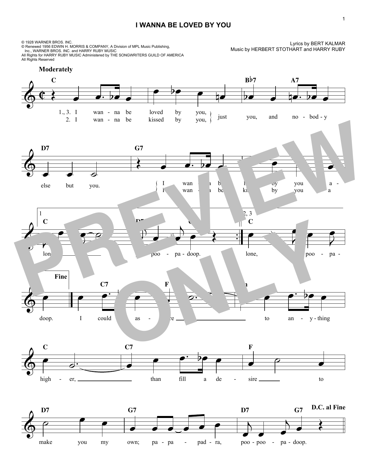 Herbert Stothart I Wanna Be Loved By You sheet music notes and chords arranged for Easy Piano