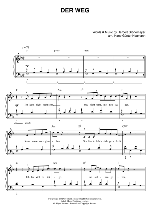 Herbert Groenemeyer Der Weg sheet music notes and chords arranged for Easy Piano