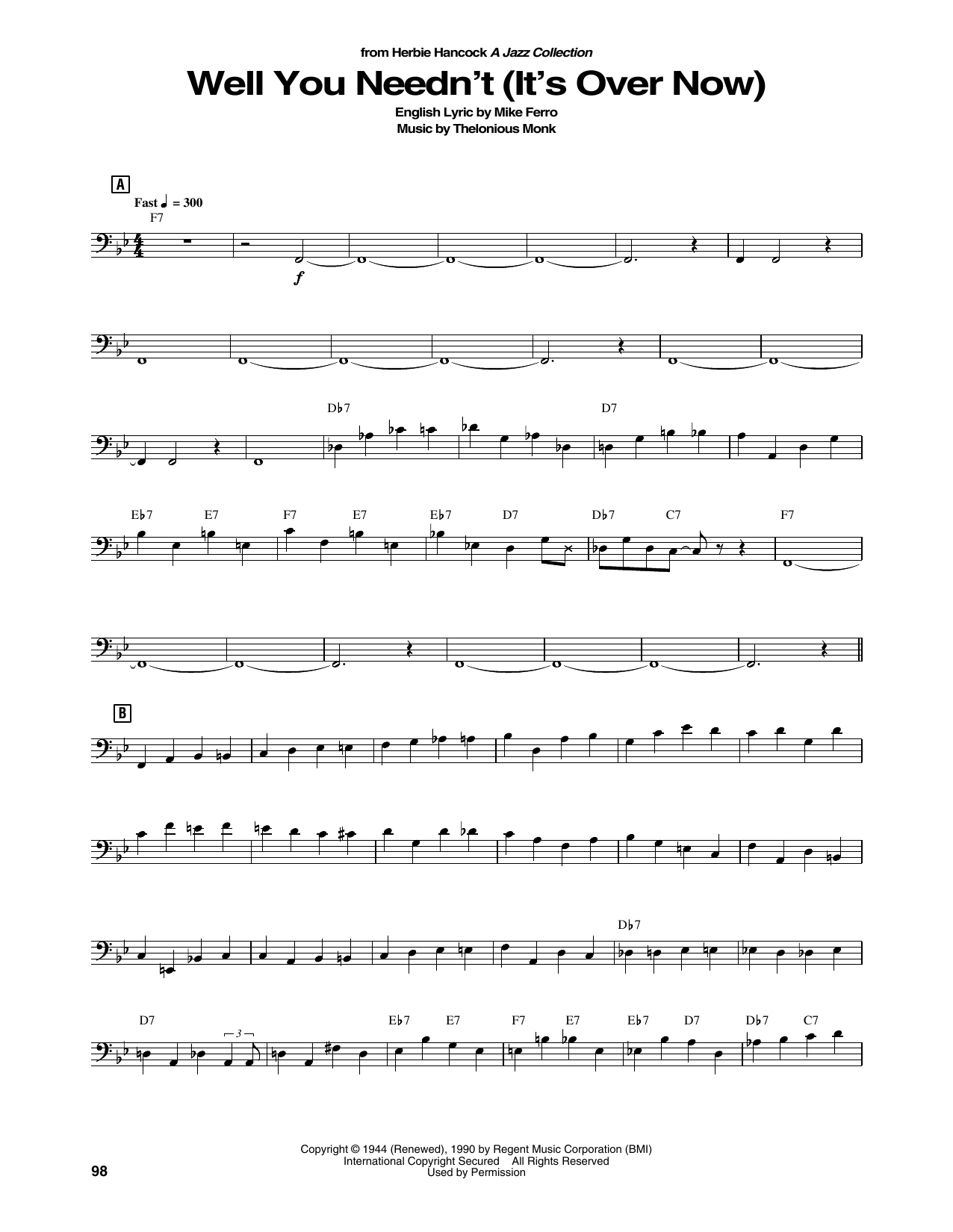 Herbie Hancock Well You Needn't (It's Over Now) sheet music notes and chords arranged for String Bass Transcription