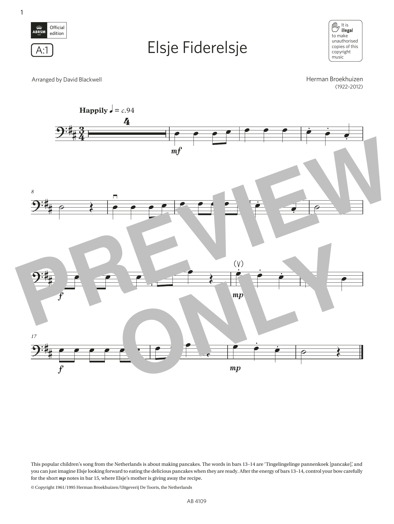Herman Broekhuizen Elsje Fiderelsje (Grade Initial, A1, from the ABRSM Double Bass Syllabus from 2024) sheet music notes and chords arranged for String Bass Solo