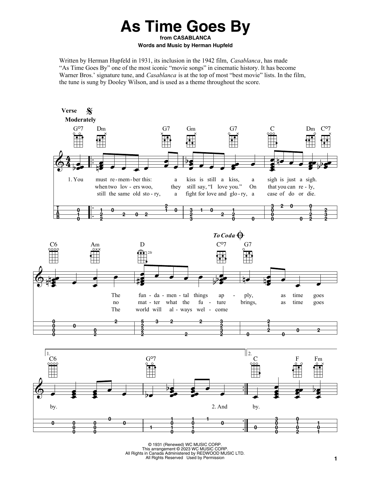 Herman Hupfeld As Time Goes By (from Casablanca) sheet music notes and chords arranged for Easy Ukulele Tab