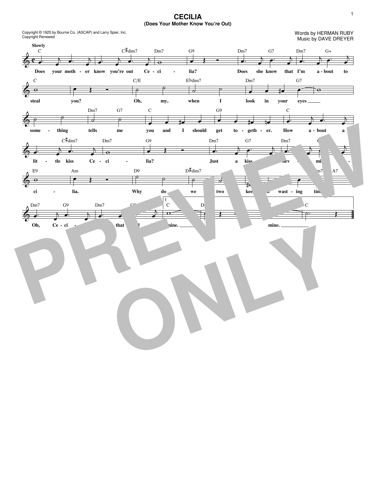 Herman Ruby Cecilia (Does Your Mother Know You're Out) sheet music notes and chords arranged for Lead Sheet / Fake Book