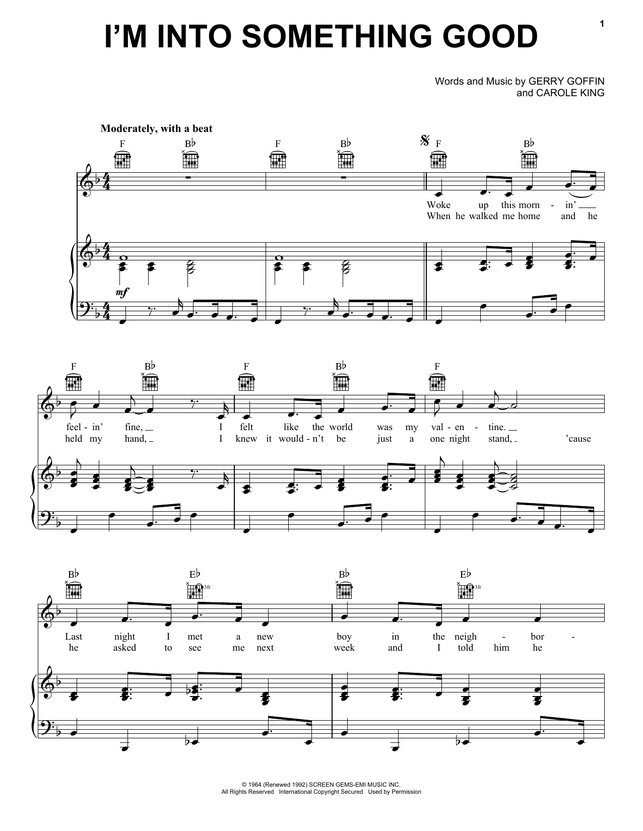 Herman's Hermits I'm Into Something Good sheet music notes and chords arranged for Piano, Vocal & Guitar Chords (Right-Hand Melody)