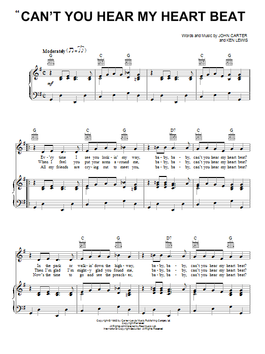 Herman's Hermits Can't You Hear My Heart Beat sheet music notes and chords arranged for Piano, Vocal & Guitar Chords (Right-Hand Melody)