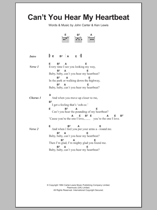 Herman's Hermits Can't You Hear My Heartbeat sheet music notes and chords arranged for Guitar Chords/Lyrics