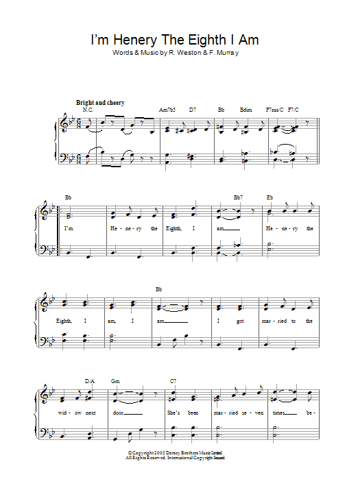 Fred Murray I'm Henery The Eighth I Am sheet music notes and chords arranged for Easy Piano