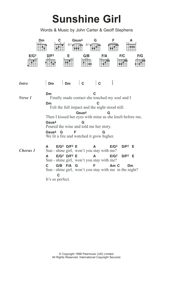 Herman's Hermits Sunshine Girl sheet music notes and chords arranged for Guitar Chords/Lyrics