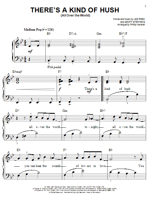 Herman's Hermits There's A Kind Of Hush (All Over The World) (arr. Phillip Keveren) sheet music notes and chords arranged for Easy Piano