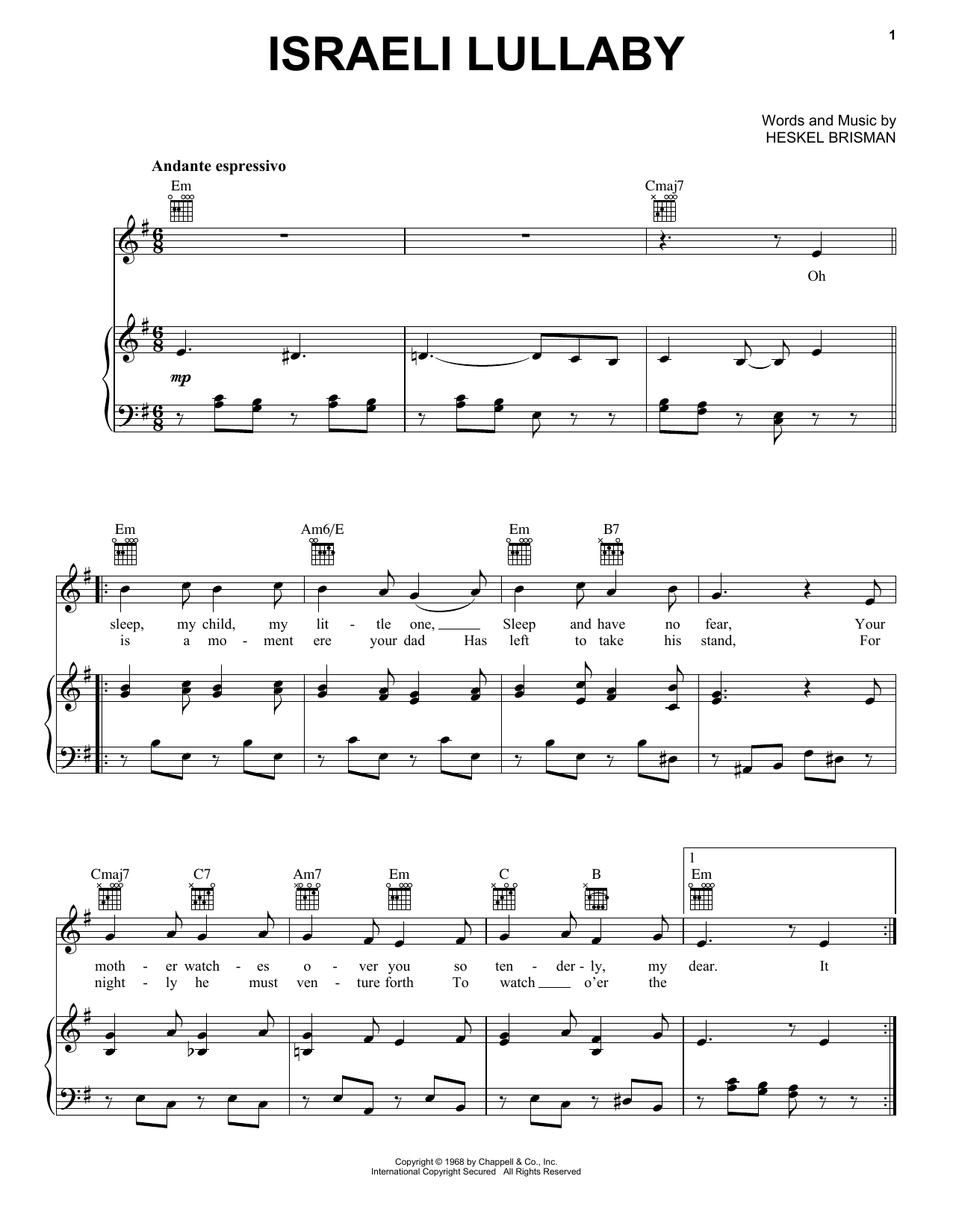Heskel Brisman Israeli Lullaby sheet music notes and chords arranged for Piano, Vocal & Guitar Chords (Right-Hand Melody)
