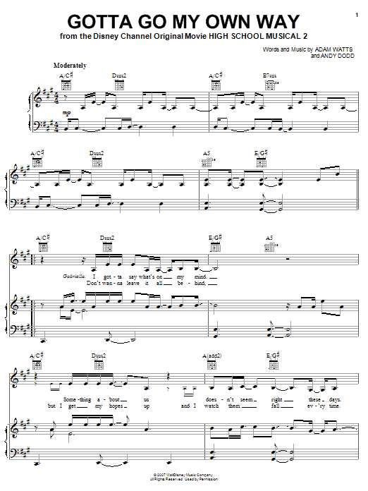 High School Musical 2 Gotta Go My Own Way sheet music notes and chords arranged for Easy Piano