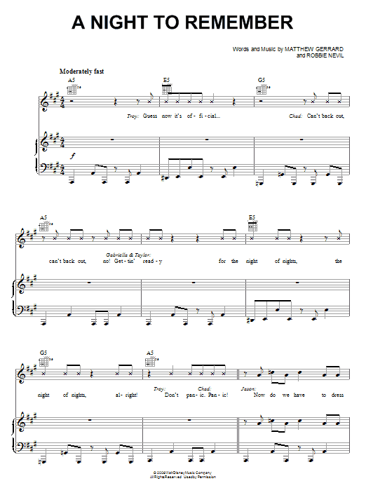 High School Musical 3 A Night To Remember sheet music notes and chords arranged for Piano, Vocal & Guitar Chords (Right-Hand Melody)