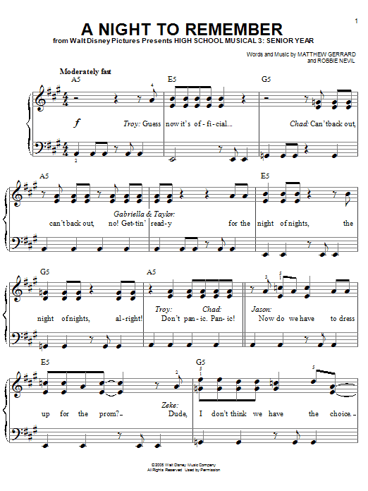 High School Musical 3 A Night To Remember sheet music notes and chords arranged for Easy Piano