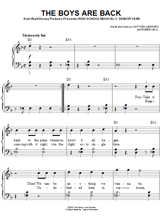 High School Musical 3 The Boys Are Back sheet music notes and chords arranged for Easy Piano