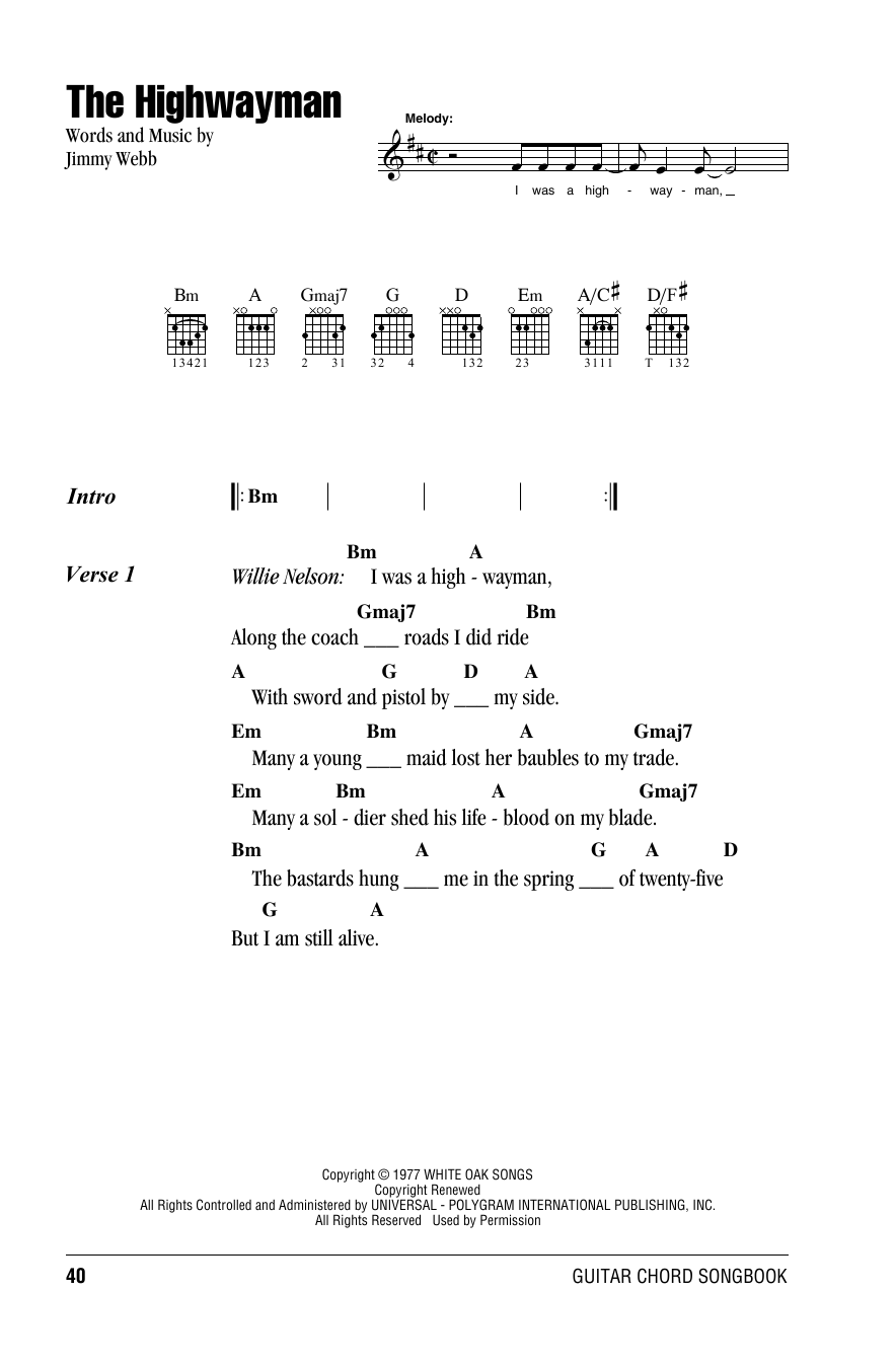Highwaymen The Highwayman sheet music notes and chords arranged for Real Book – Melody, Lyrics & Chords