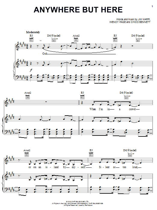 Hilary Duff Anywhere But Here sheet music notes and chords arranged for Piano, Vocal & Guitar Chords (Right-Hand Melody)