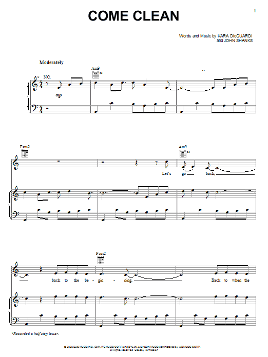 Hilary Duff Come Clean sheet music notes and chords arranged for Piano, Vocal & Guitar Chords (Right-Hand Melody)