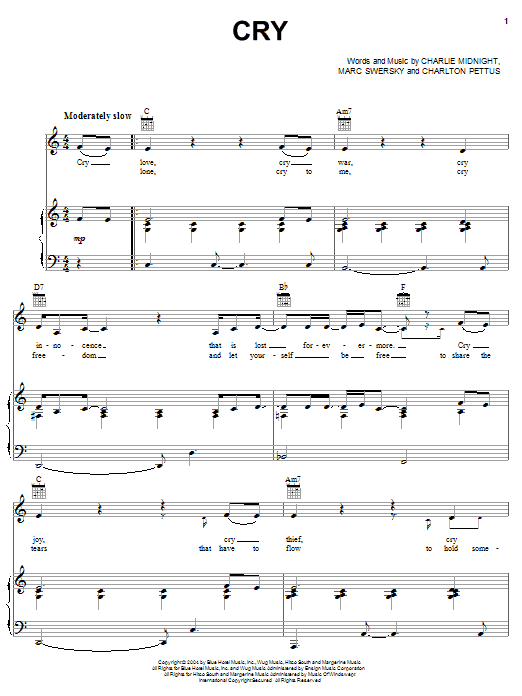 Hilary Duff Cry sheet music notes and chords arranged for Piano, Vocal & Guitar Chords (Right-Hand Melody)