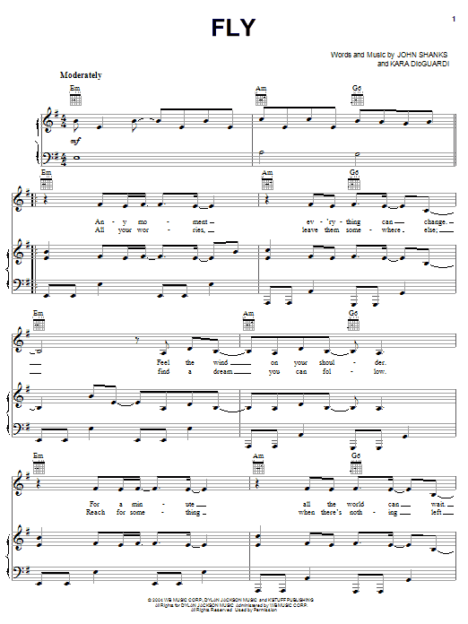 Hilary Duff Fly sheet music notes and chords arranged for Piano, Vocal & Guitar Chords (Right-Hand Melody)