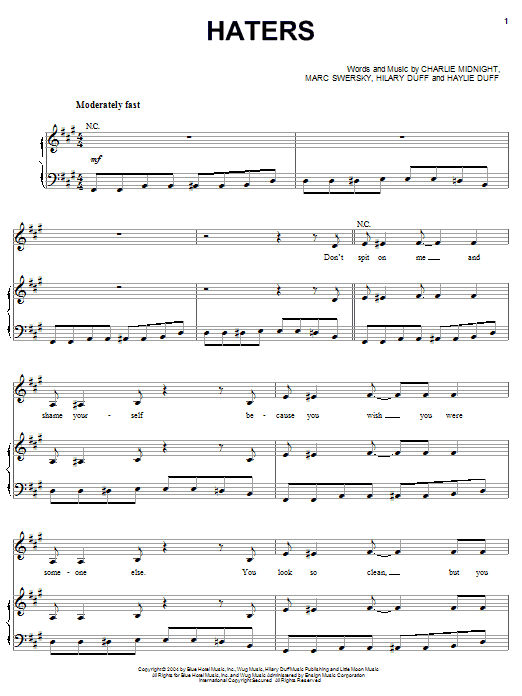 Hilary Duff Haters sheet music notes and chords arranged for Piano, Vocal & Guitar Chords (Right-Hand Melody)