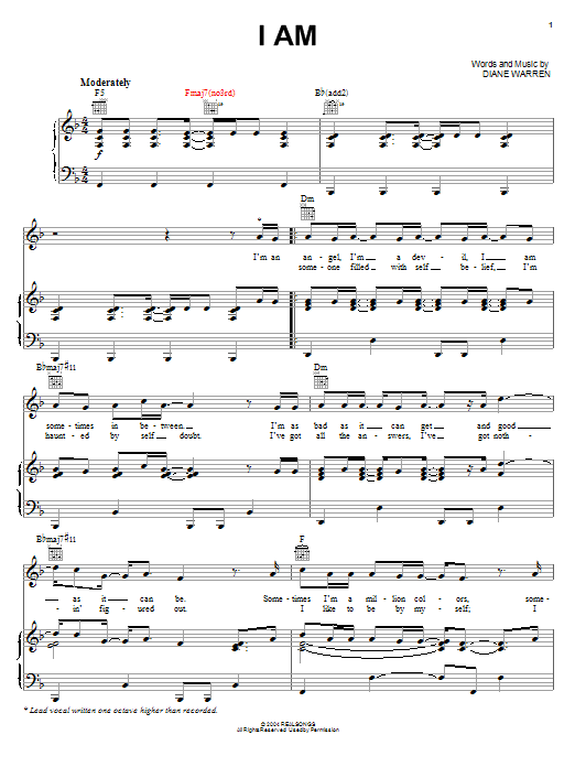 Hilary Duff I Am sheet music notes and chords arranged for Piano, Vocal & Guitar Chords (Right-Hand Melody)