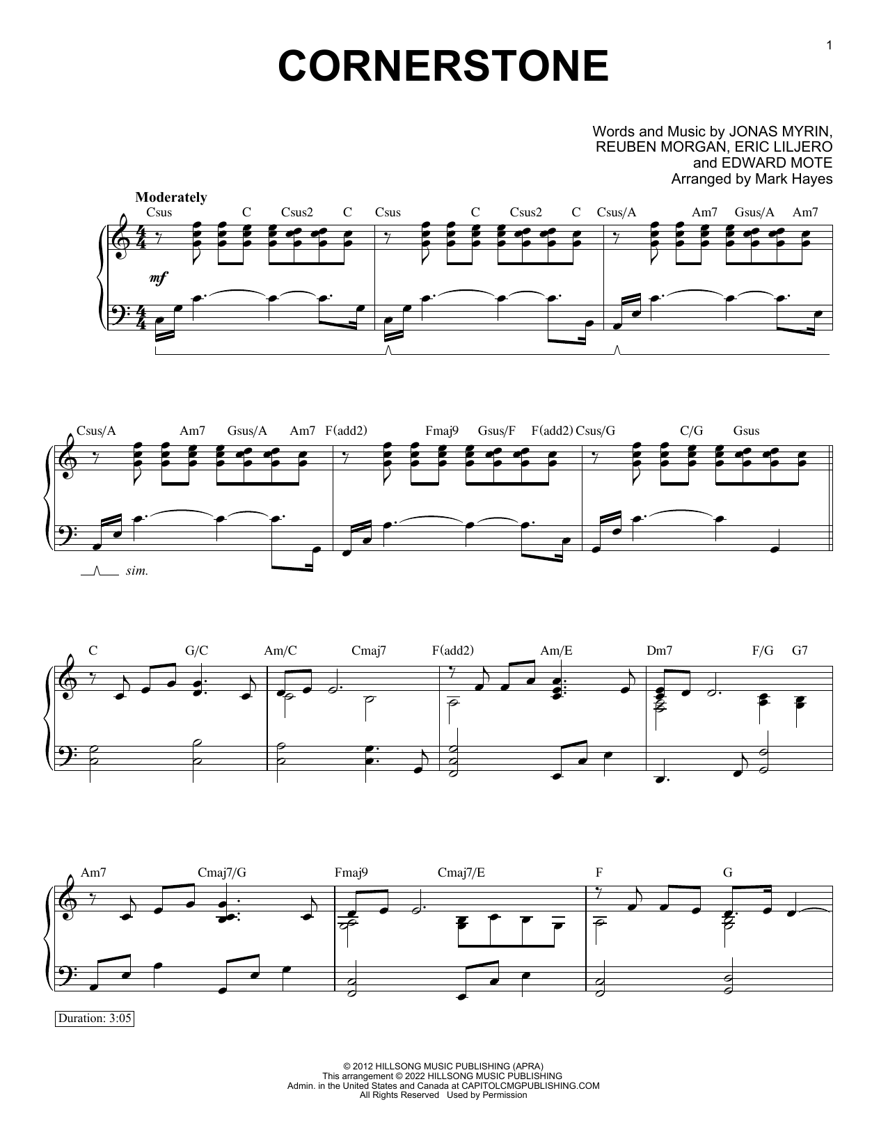 Hillsong Live Cornerstone (arr. Mark Hayes) sheet music notes and chords arranged for Piano Solo