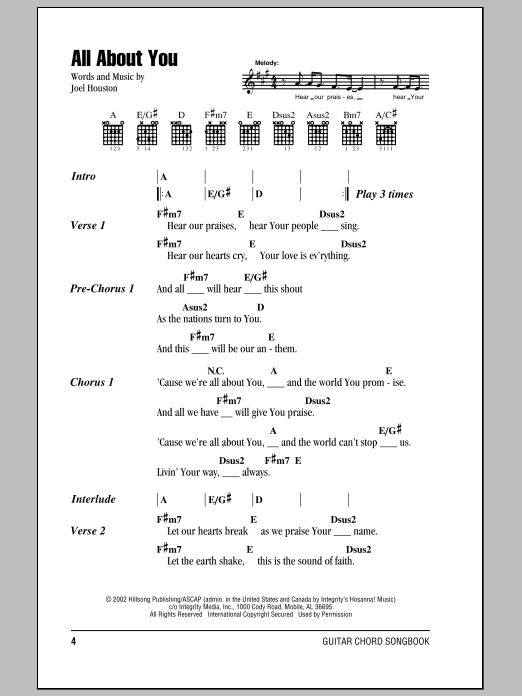Hillsong United All About You sheet music notes and chords arranged for Guitar Chords/Lyrics