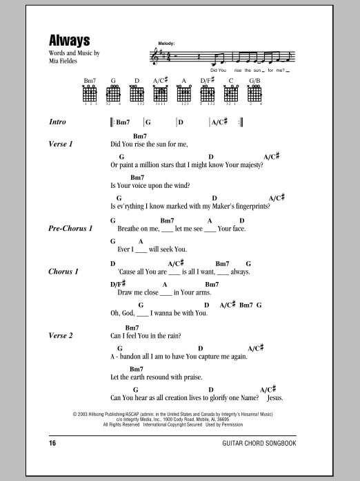 Hillsong United Always sheet music notes and chords arranged for Guitar Chords/Lyrics