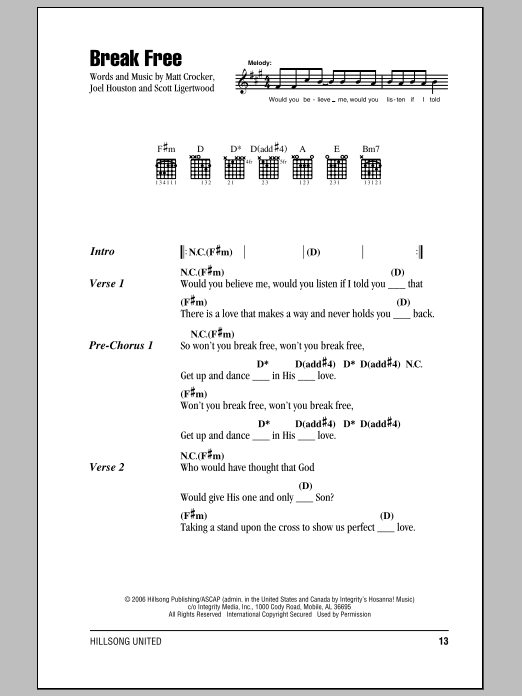 Hillsong United Break Free sheet music notes and chords arranged for Guitar Chords/Lyrics
