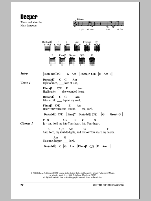 Hillsong United Deeper sheet music notes and chords arranged for Guitar Chords/Lyrics