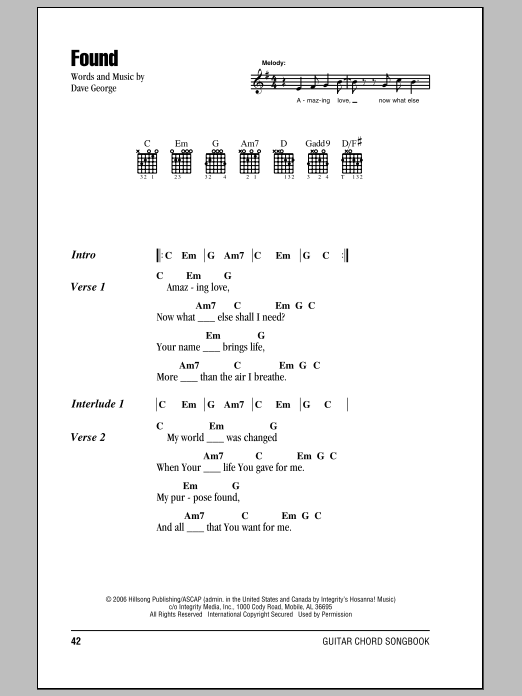 Hillsong United Found sheet music notes and chords arranged for Guitar Chords/Lyrics