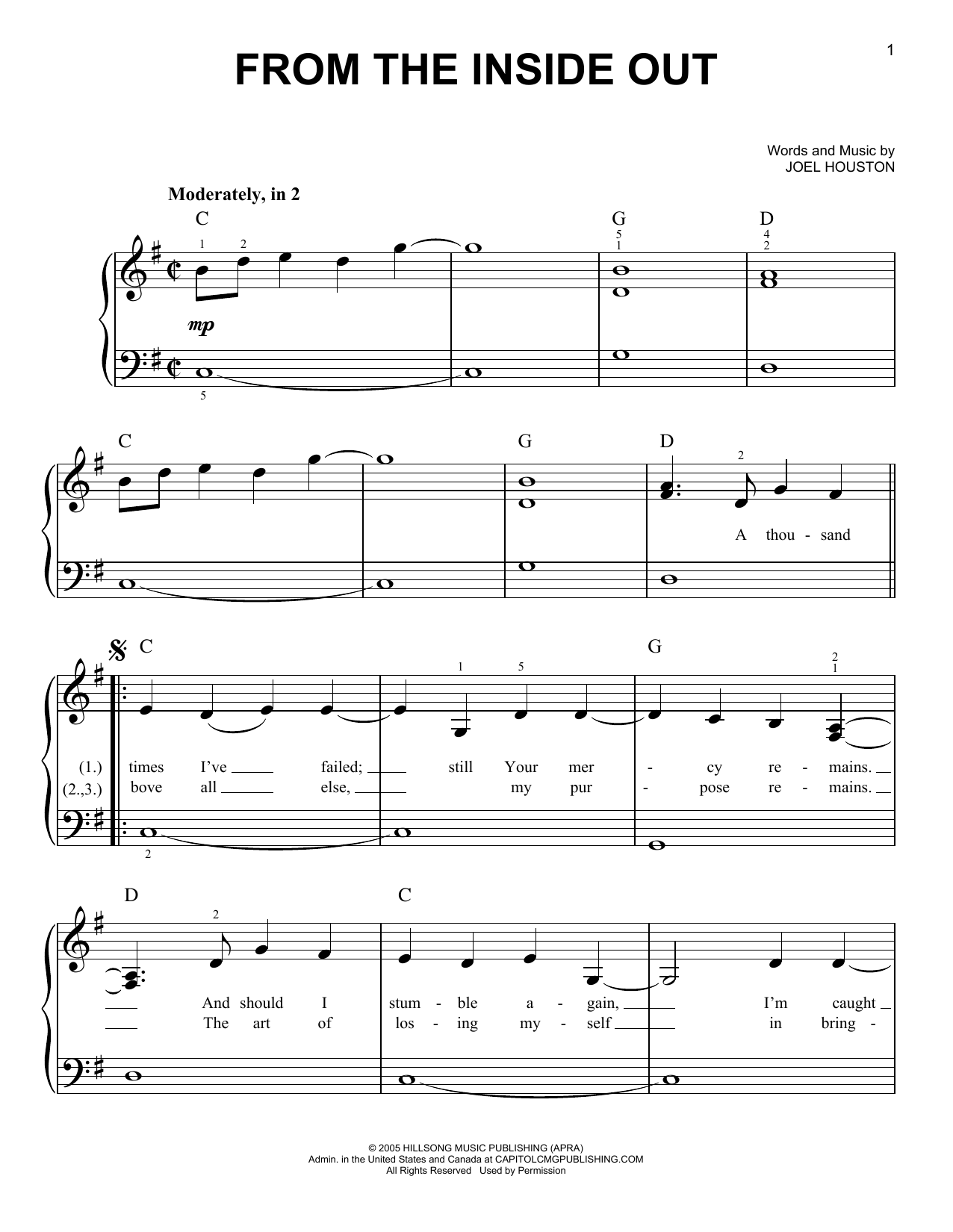 Hillsong United From The Inside Out sheet music notes and chords arranged for Piano Solo