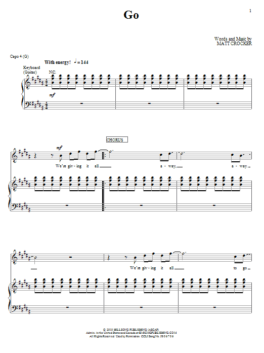 Hillsong United Go sheet music notes and chords arranged for Piano, Vocal & Guitar Chords (Right-Hand Melody)